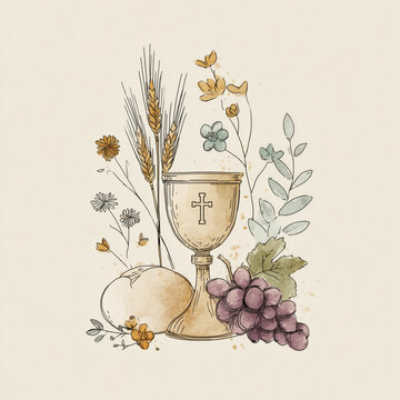 Minimalist children&rsquo;s First Communion doodle with chalice, Eucharist, host, grapes and wheat on white background
