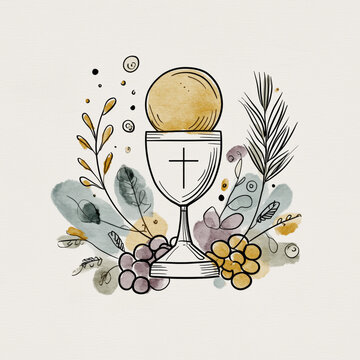 Minimalist children&rsquo;s First Communion doodle with chalice, Eucharist, host, grapes and wheat on white background