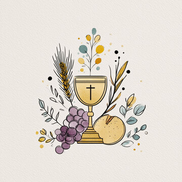 Minimalist children&rsquo;s First Communion doodle with chalice, Eucharist, host, grapes and wheat on white background