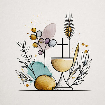 Minimalist children&rsquo;s First Communion doodle with chalice, Eucharist, host, grapes and wheat on white background