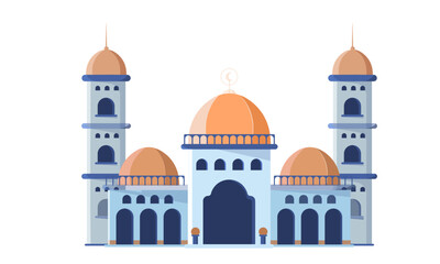 Fototapeta premium Symmetrical flat design of an Islamic mosque with orange domes and blue minarets.