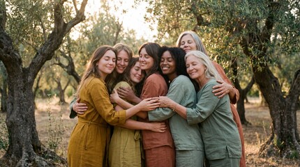 Group of diverse women happily embracing, wearing earthy toned clothing. Standing together in a beautiful sunlit olive grove.