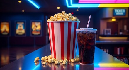 Classic movie theater popcorn and soda with neon lights in the background