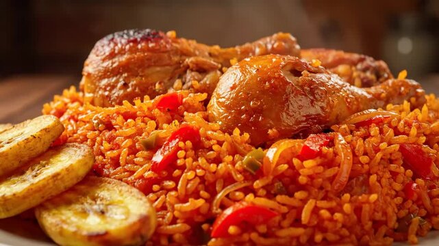 Nigerian Jollof Rice with Chicken and Plantain - A close-up of a plate of Nigerian jollof rice, a spicy tomato-infused rice dish cooked with peppers and onions, topped with roasted chicken and served