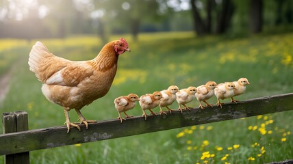 Fototapeta premium A mother hen leading her chicks along a rustic fence in a lush green field
