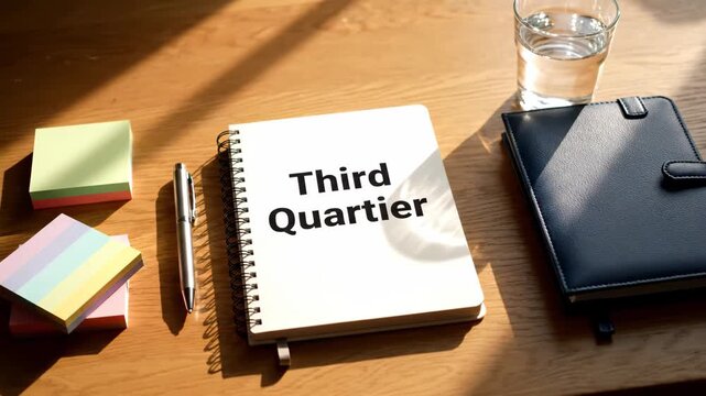 Third Quarter Notebook on Wooden Table - An open notebook displaying the words "Third Quarter" is placed on a wooden table, alongside stationery items and a glass of water.