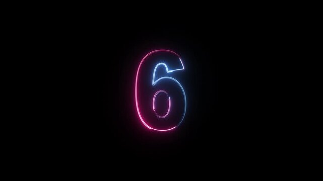 Glowing neon numbers 6 animation icon on black background.
