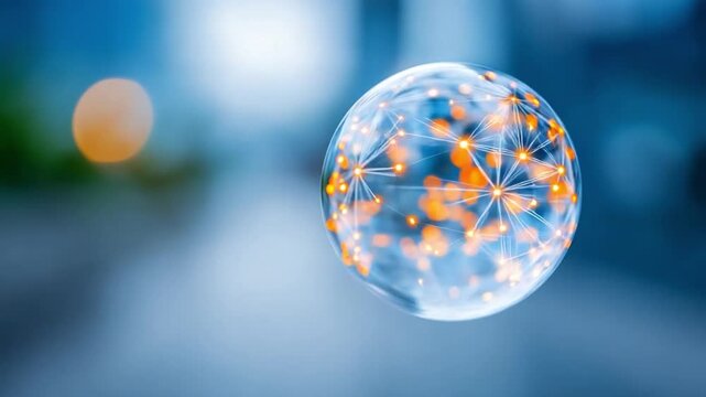Networked sphere: A luminous sphere, radiating with intricate connections, floats in a blurred, futuristic backdrop, symbolizing the interconnectedness of global networks.