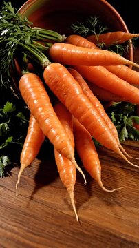Freshly Harvested Carrots With Greenery Arranged On Wooden Surface in a Rustic Bowl