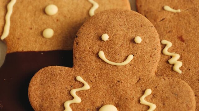 Winter gingerbread Christmas sugar food, holiday cookies close up. High quality 4k footage