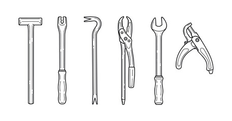 Naklejka premium Set of six hand tools: hammer, wrench, pliers, crowbar, spanner, pipe wrench
