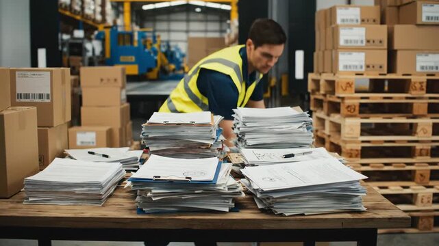 Paperwork and Logistics at Loading Dock - This video captures the high volume of paperwork required in shipping and logistics, with stacks of invoices and forms piled on a table.