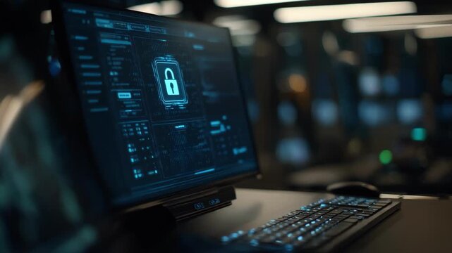 Medium shot of a secure automated billing system interface on a computer screen emphasizing data protection and encrypted financial transactions in a corporate environment