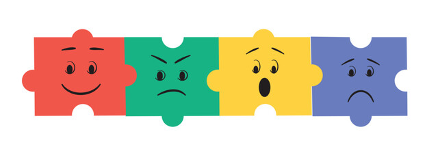 Naklejka premium Basic emotions are joy, sadness, anger, fear or surprise on a colorful puzzle pieces. Vector illustration isolated on a white background