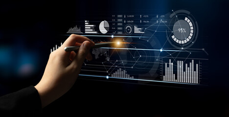 A hand interacts with a digital dashboard showcasing futuristic graphs and charts, representing analytical data for business intelligence and performance tracking. Scalp