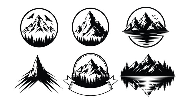 Stylized mountain landscape logos with trees birds reflections and circular or banner frames in black and white