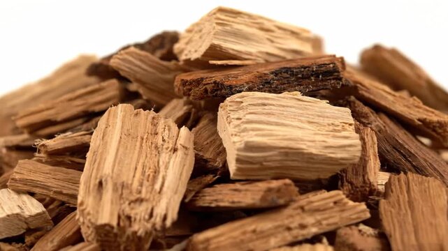 Pile of Natural Wood Chips - A close-up shot showcases a pile of natural wood chips against a white background. The natural material features varied textures and tones.