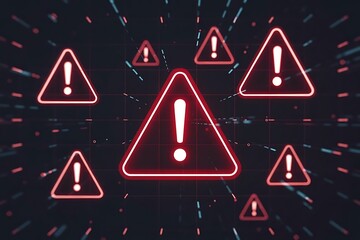 Cybersecurity breach notification displayed on a futuristic digital network interface with glowing warning icons