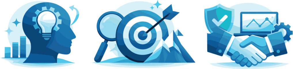 Core Competency Icons. Professional capability landscape illustrated through core competencies enabling effective performance and