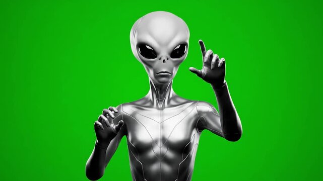 Realistic 3d render of a classic grey alien with large black eyes against a bright green screen background, ready for compositing