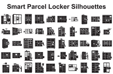 Collection of smart parcel locker silhouettes isolated on white background