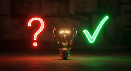 A luminous light bulb stands between a glowing red question mark and a glowing green checkmark in a dark textured room