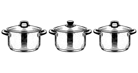 Set of three hand-drawn cooking pots with lids in vintage style