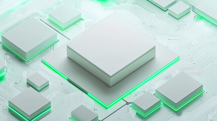 A visually striking abstract representation of a circuit board featuring microchips and glowing green accents, ideal for technology related themes.