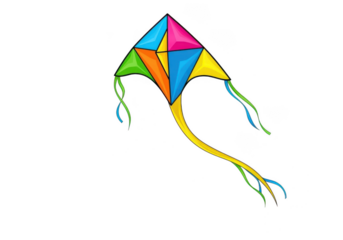 Colorful diamond kite illustration with long yellow tail and streamers isolated on transparent background