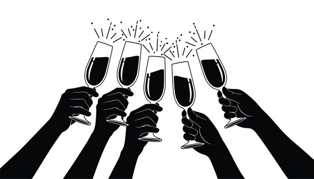 Artistic rendering of champagne cheers with six hands and festive bursts in monochrome