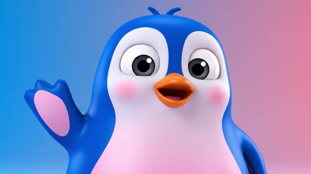 Animated Blue Penguin Character with Expressive Eyes and Orange Beak Standing Against Gradient