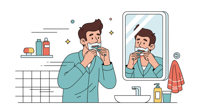 Young caucasian male flossing teeth in bathroom mirror reflection