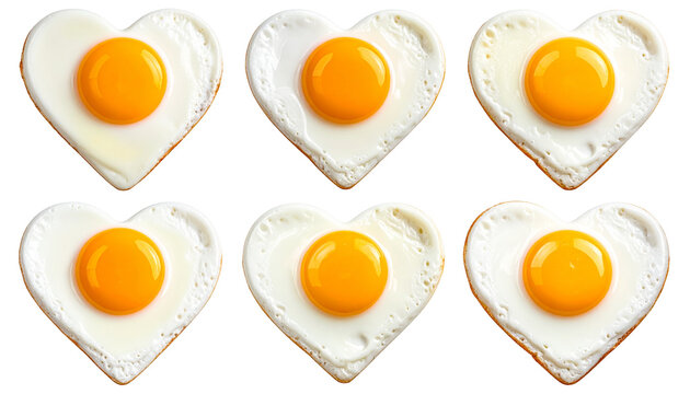Fried egg in heart shape isolated on transparent background, high-quality PNG with golden yolk and crispy edges, perfect for breakfast, love-themed meals, and food designs