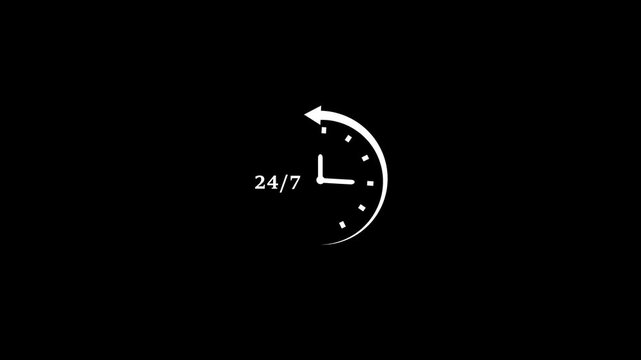 24 hours 7 days clock timer icon animation. 24 hours and 7 days service available, 24/7 customer support, symbolizing nonstop assistance, helpline service, service concept watch on black background.