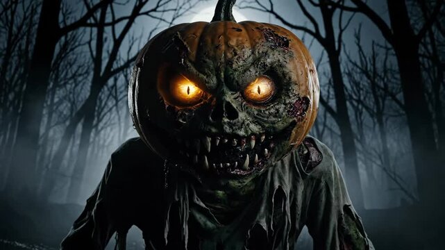 Creepy Pumpkin Zombie in Haunted Forest - The video features a terrifying pumpkin-headed zombie with glowing eyes and sharp teeth, lurking ominously in a dark, eerie forest.