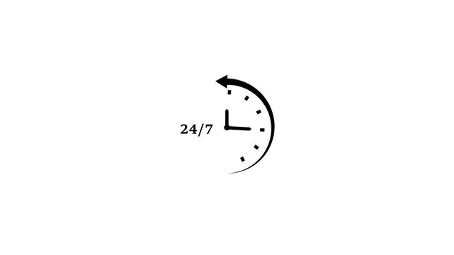 24 hours 7 days clock timer icon animation. 24 hours and 7 days service available, 24/7 customer support, symbolizing nonstop assistance, helpline service, service concept watch on white background.