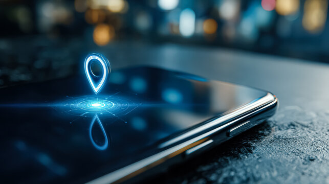 A close up view of a smartphone screen featuring a glowing location marker, symbolizing navigation and location services in a modern digital environment. - Powered by Adobe
