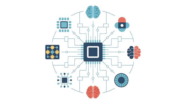Digital neural network concept with interconnected nodes and icons - Powered by Adobe