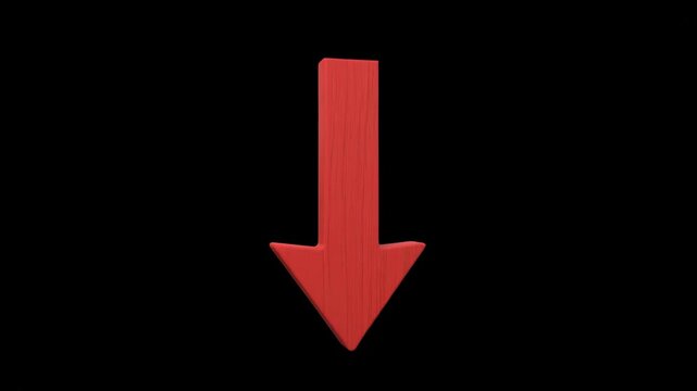 Red Wooden Arrow Pointing Down - This video features a red, wooden textured arrow pointing downward against a plain black background. The arrow could represent market decline or an economic downturn.