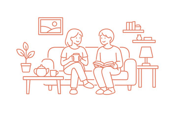 Calm Living Room. Two friends sit comfortably in a living room sharing a quiet moment Minimalist flat line vector illustration,