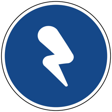 Vektor Grafik blaues rundes Schild mit Blitz als Symbol f&uuml;r Elektrizit&auml;t Energie Spannung Strom Schnelligkeit Gefahr Power und Wetter Icon Design Illustration Grafik Vektor