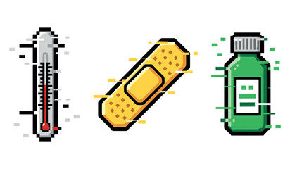 Pixel art medical icons: thermometer, bandage, medicine bottle
