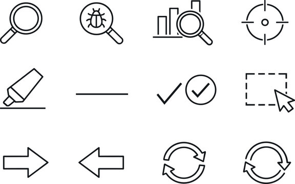 Line style icons of Find tools: search glass, inspect, analyze, detect; highlight, underline, mark, select;