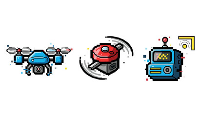 Naklejka premium Pixel art of blue drone, red spinning top, and retro robot on white background