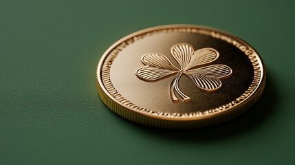 Golden Shamrock Coin on Green Background