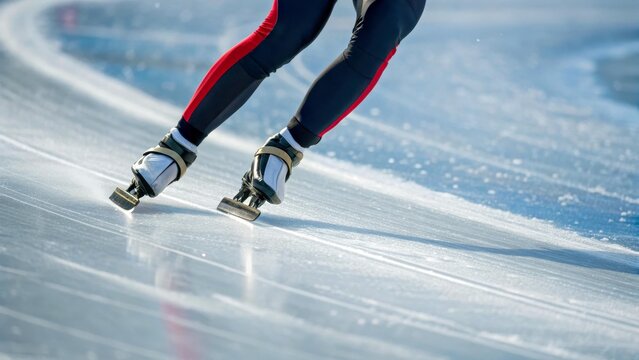 A close-up of a skater's legs gliding on an ice rink. The skater wears black pants with red stripes and silver skates. The ice surface is smooth and shiny.