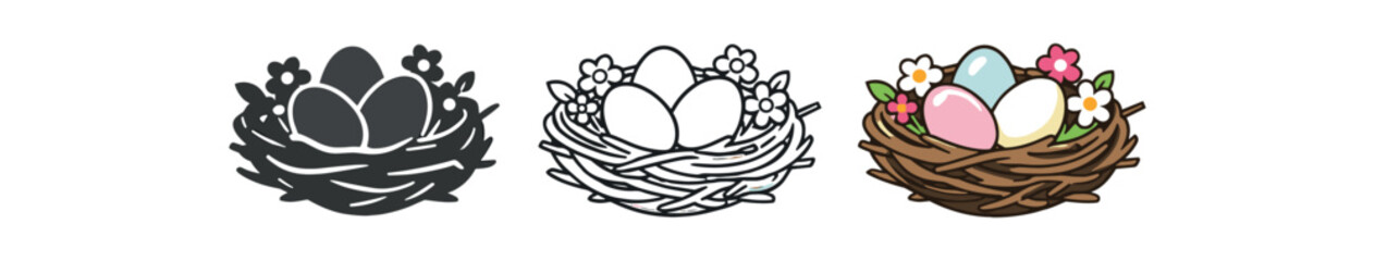 spring easter holidays nest with eggs and small flowers