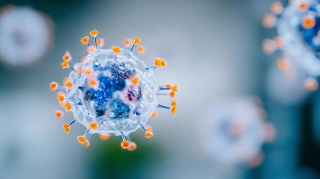 Microscopic Threat: A detailed close-up of a virus, showcasing its intricate structure and potential threat.