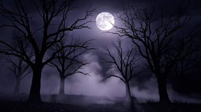 Moonlit Foggy Forest - A spooky, moonlit scene in a forest showcases leafless trees silhouetted against a full moon. Thick fog blankets the ground, creating an eerie atmosphere under the night sky.
