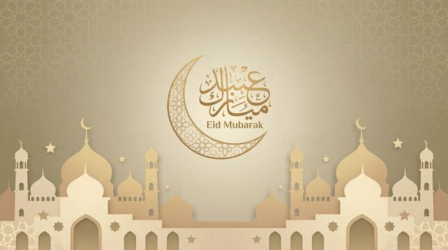 Eid Mubarak greeting card with mosque silhouettes and Arabic calligraphy design islamic